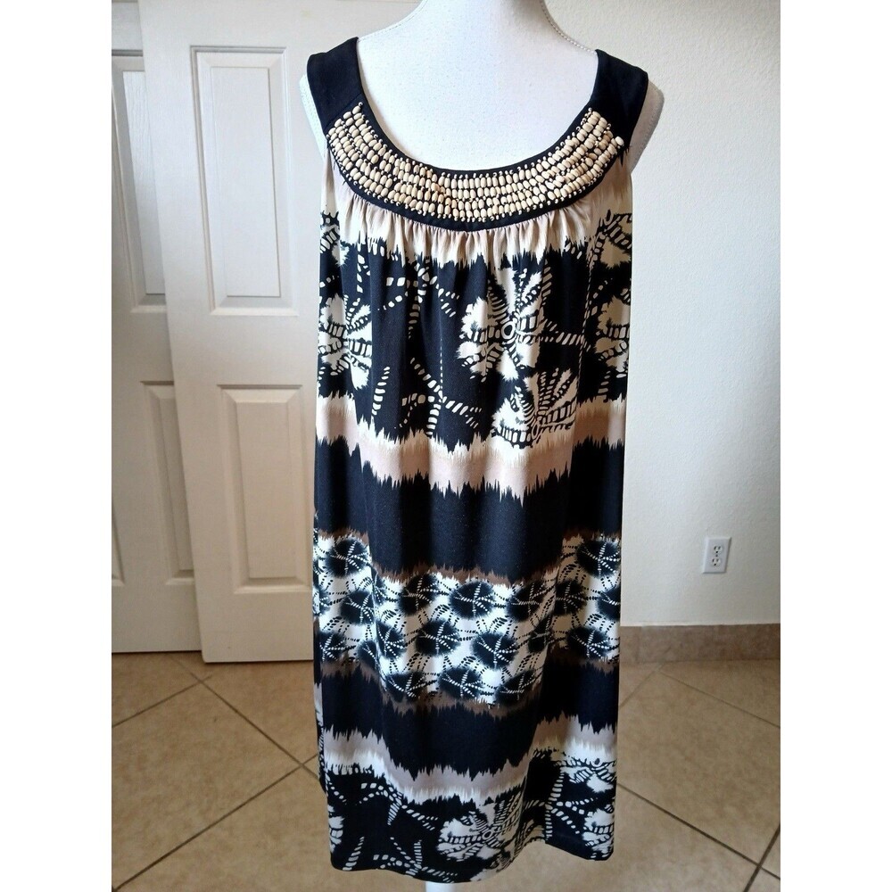 Another Thyme Womens 20W Sleeveless Dress Black Beige Tribal Print Beaded Neck